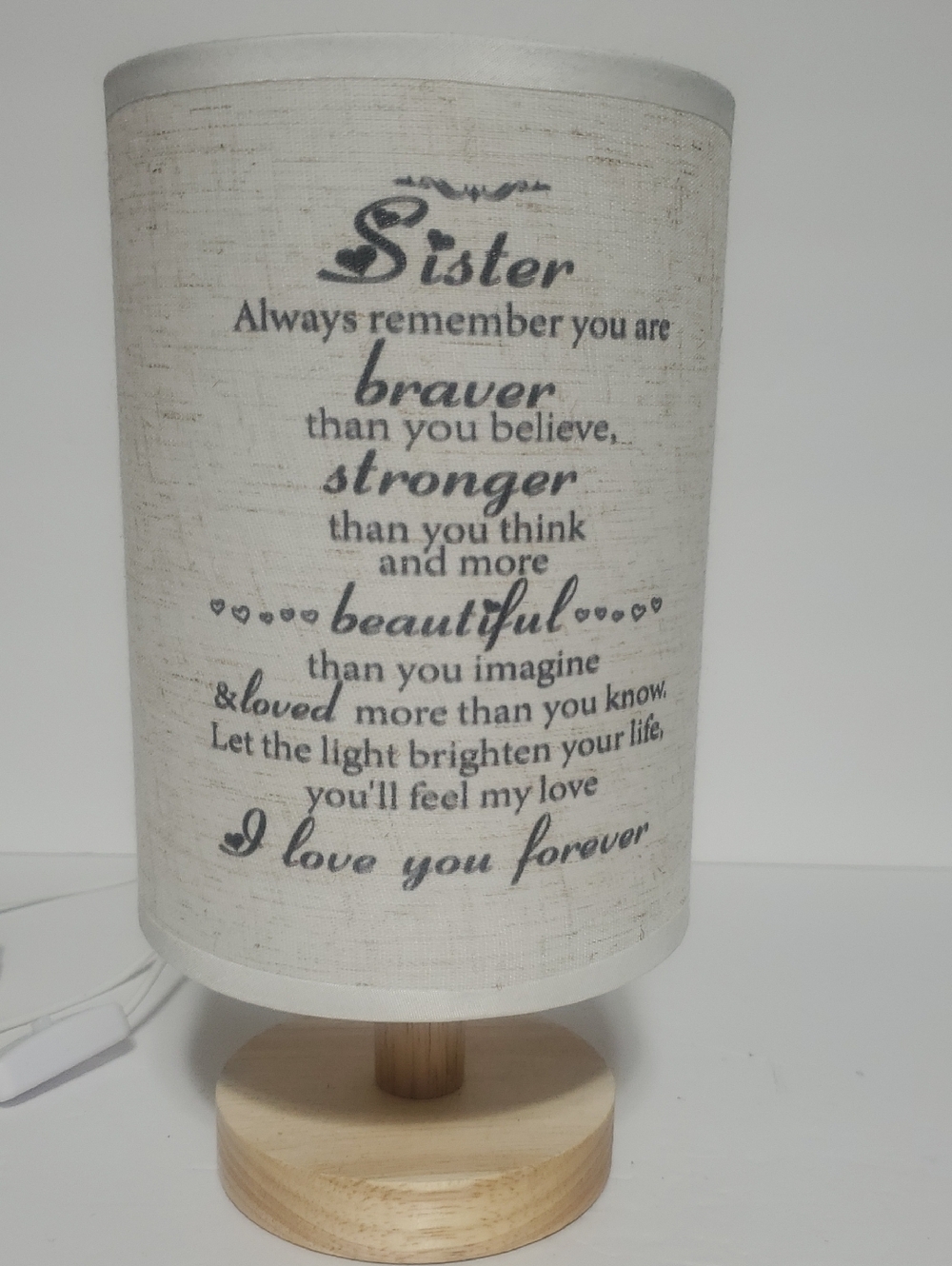 Sister Message Table Lamp - White Fabric Shade with Natural Wood Base